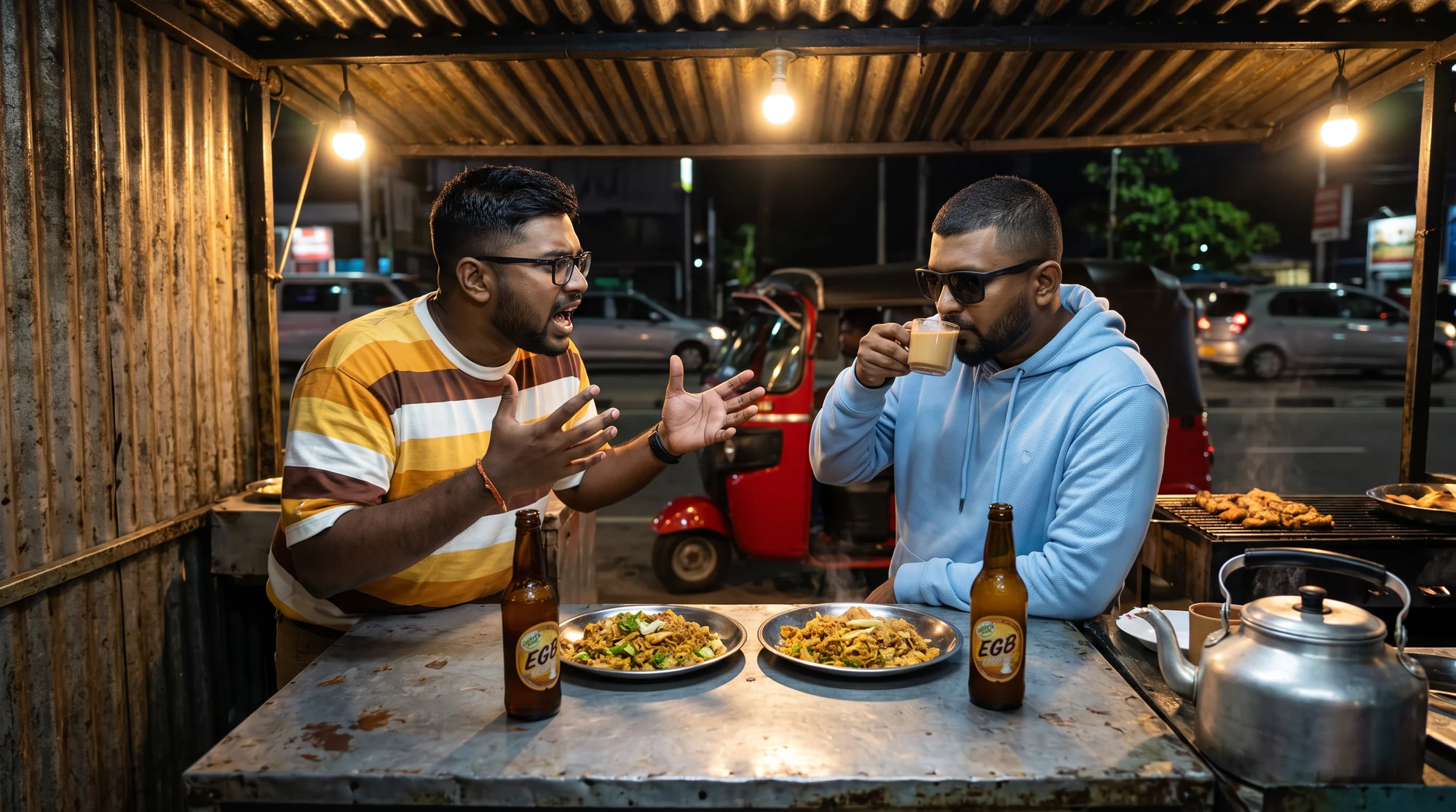 Menuka and Nawan arguing over kottu at a roadside shop